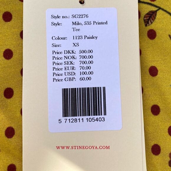 NWT Stein Goya Yellow Printed Tee w/Wine Polak Dots & Floral Pattern. Size XS. - Picture 5 of 8